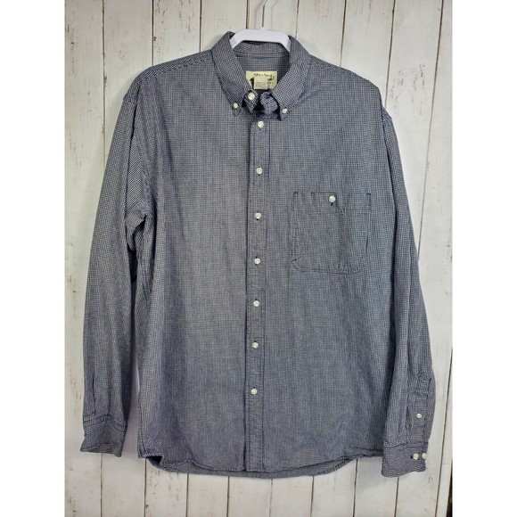 Eddie Bauer Button Down Long Sleeve Mens Sz L Navy Blue 100% Cotton Check Shirt - Picture 1 of 10